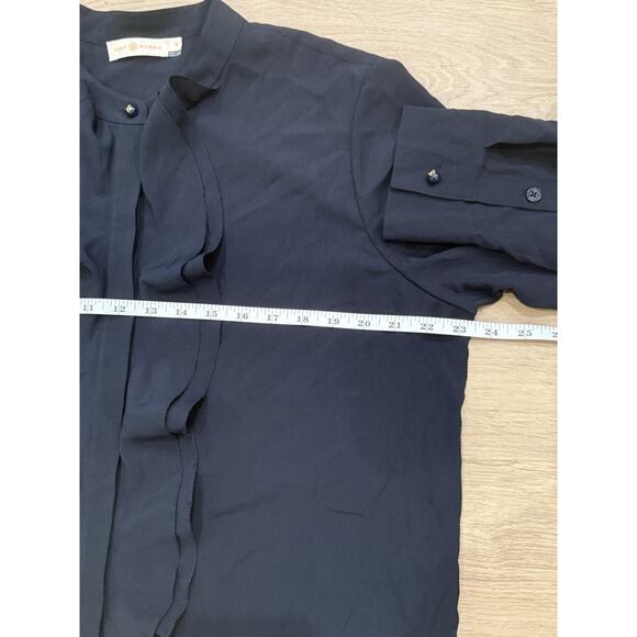 Tory Burch Jane Ruffled Crepe de Chine Shirt Dress Navy Women’s 16 Luxury Office - Picture 6 of 8
